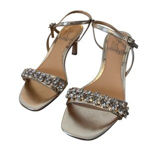 Jewel Badgley Mischka Patsy Gold Metallic Crystal Strappy Heels Size 6 (flaw)